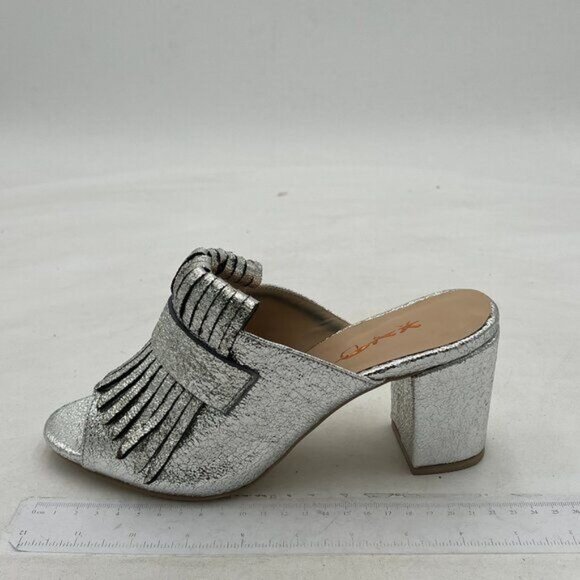 XYD Silver Open Toe Mules with Fringe Slip On High Chunky Heels Summer Sandals - Picture 2 of 8
